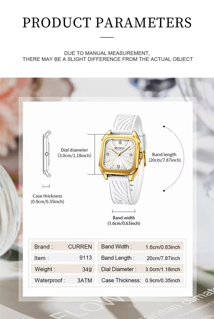 CURREN 9113 New Fashionable Classic Women's Quartz Watch Night Light Waterproof Square Calendar Business Quartz Women Watch