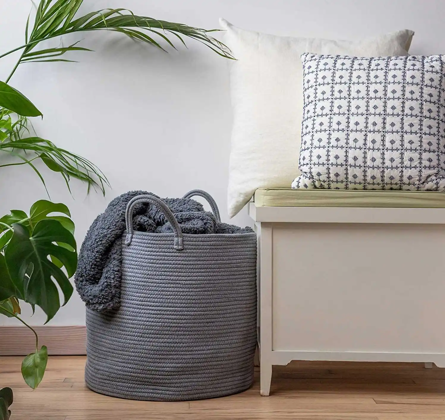 Premium Cotton Rope Basket for Blankets Living Room Woven Laundry Basket Grey Basket