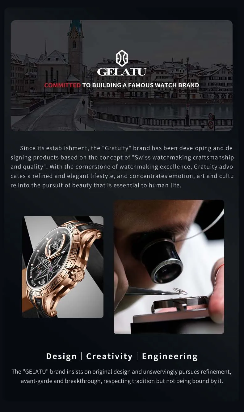 GELATU 6009 Popular Custom Face Mens Mechanical Watch Buy Leather Strap Luminous Scrolling Moq 1 Casual Watch Company