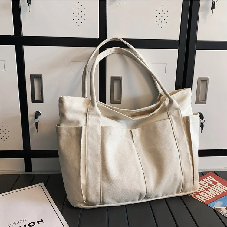 Budget Custom Large Cotton Canvas Yacht Tote Bag 100 Recycled Cotton Canvas Bag With Tow Pockets supplier