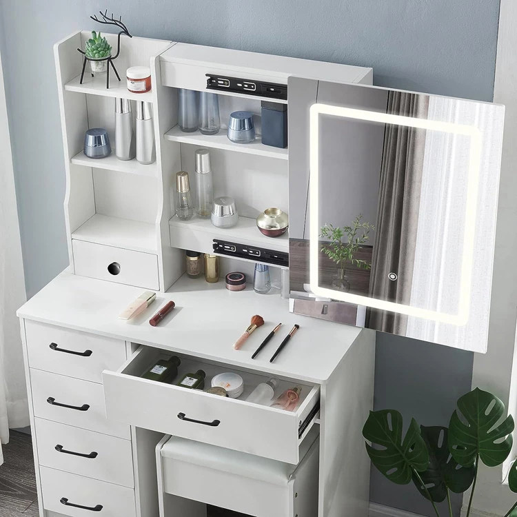Modern Wooden Dressing Table With Sliding Mirror Drawer Storage Makeup Desk Unit