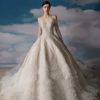 2022 New Large Size Knot Wedding Dress Slim Slimming Shoulders Fat Lace Flower One-Shoulder Female Wedding Dresses