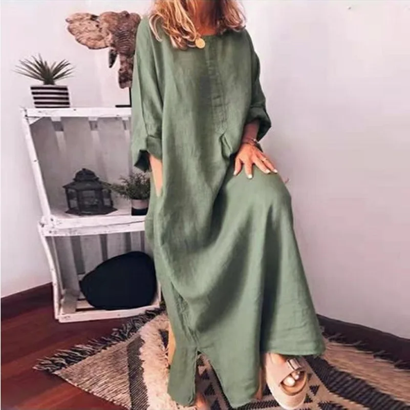 Woman Loose Hot Summer Casual Cotton linen maxi dress Women Clothing Solid Color Long Maxi Loose Dresses Casual Loose Style