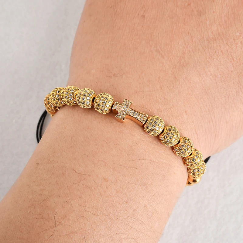 F264  Custom Adjustable Cross Zircon Handmade Bead Charms Beaded Gold Plated Grass Mosaic Design Bracelets For Men