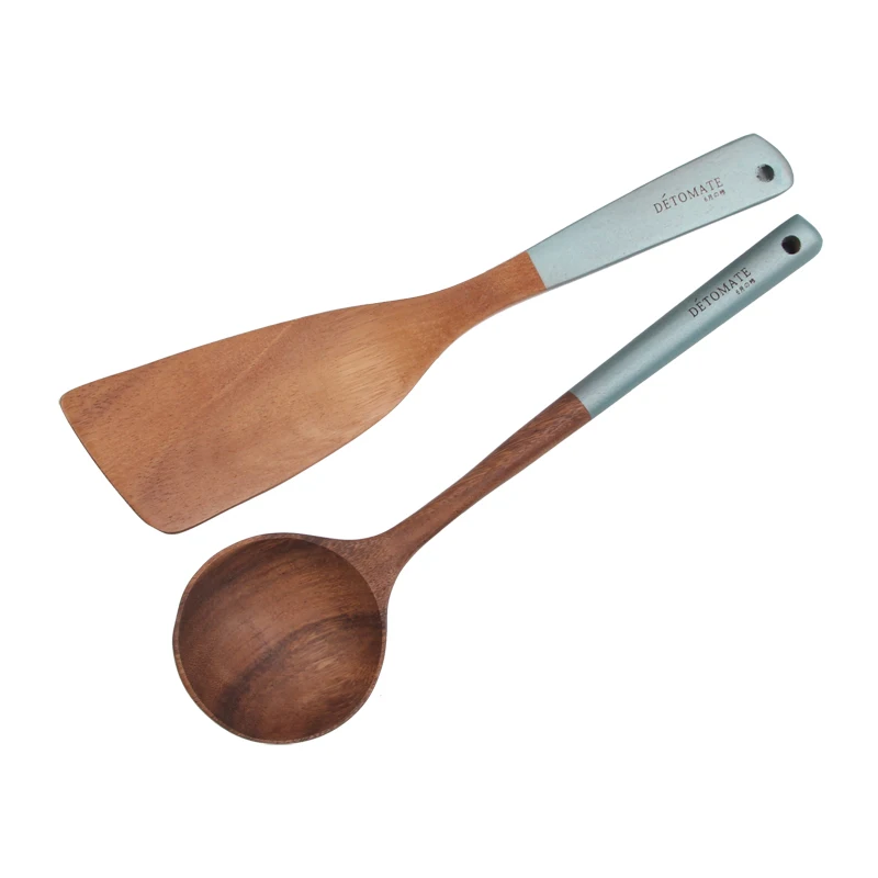 SOPEWOD Custom color printed handle Wooden Cooking Utensils Set for Kitchen