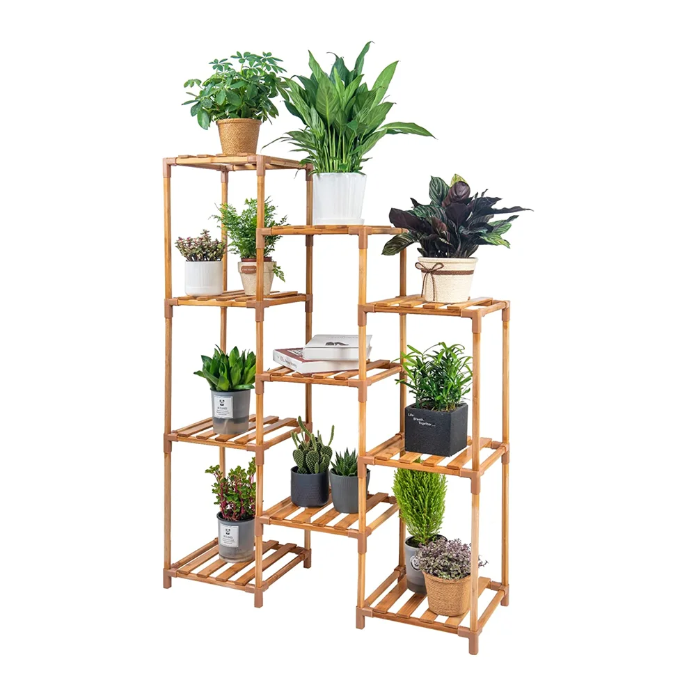 Bamboo Wood Ladder Plant Stand Organizer Flower Display Shelf Rack for Home Patio Lawn Garden
