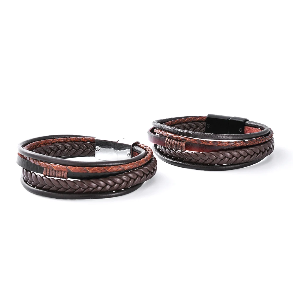 F253 Manly and Custom Magnetic Leather Bracelet for Metal Wrap Stainless Steel Making Clasps Leather Wide Mens MenBlack Trendy