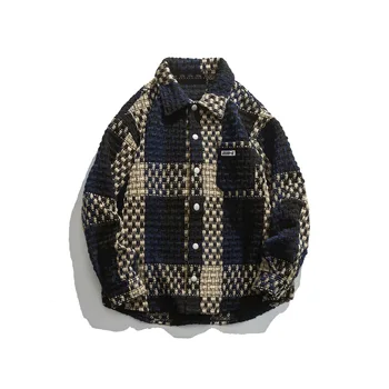 Retro Tweed Plaid Lapel Men's Blousen Light Luxury Small Fragrance Loose Knitted Casual Jacket