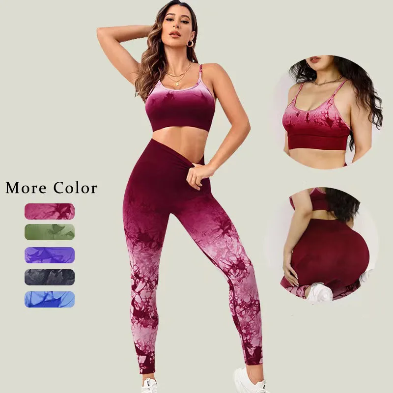 Hot selling lingerie gradient tie dye yoga set sports bra strap lifting hip high waist yoga pants