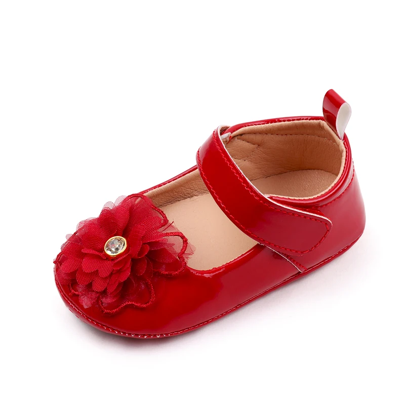 Spring and Autumn Pure Color PU Leather Veil Rhindiamonds Flower Princess Walking Shoes for Baby Girls factory