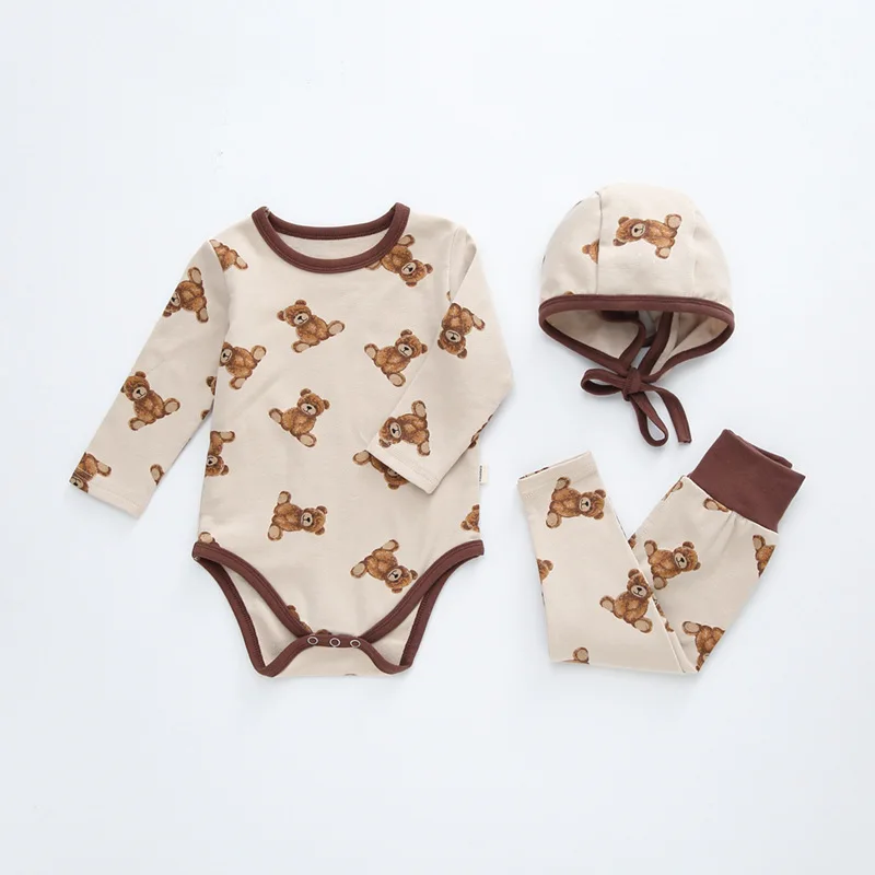 2022 autumn new infant toddler two piece set cotton cute bear printed newborn baby rompers tops pants outfits