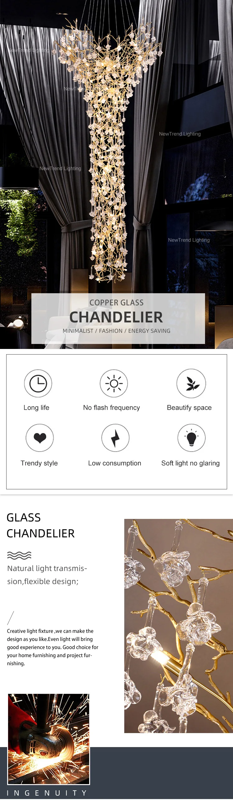 CPL-181 Modern Design Indoor Decoration Lighting Hall Hotel Lobby Custom Copper Custom Glass LED Chandelier Lamp supplier