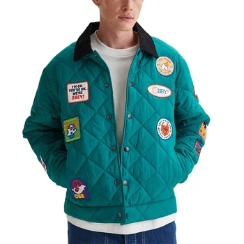 OEM custom winter 100% polyester embroidered logo patches quilted jacket for men