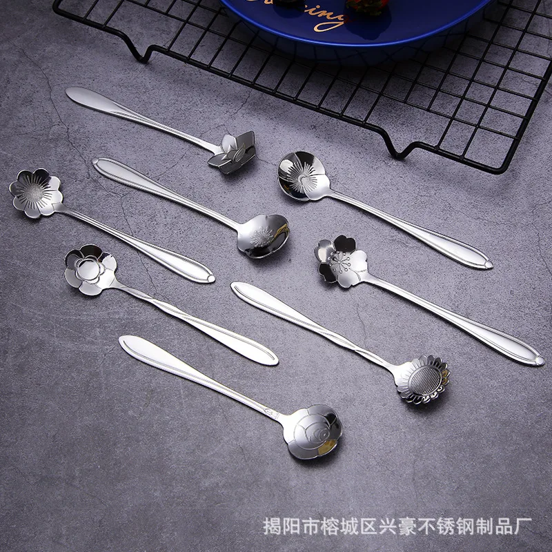 High Quality Creative stainless steel spoon flower shape long handle spoon