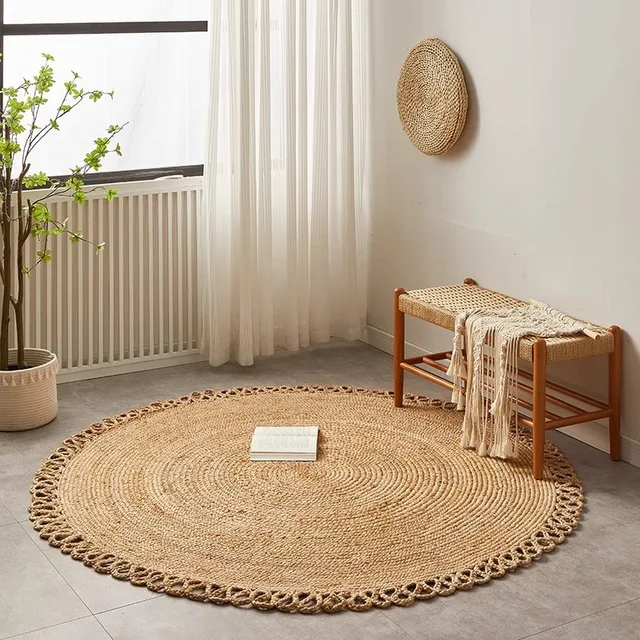 Huangma round hand woven carpet living room bedroom coffee table floor mat simple Nordic homestay style study home carpet