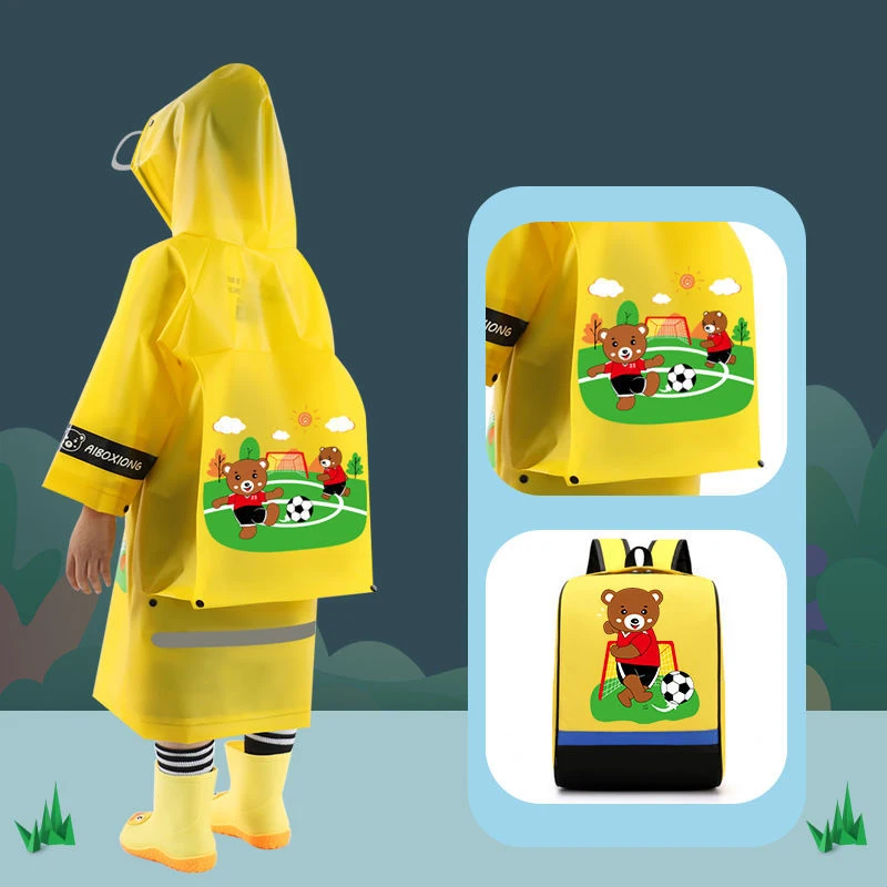 DD1493   Reflective Stripe Children Waterproof Poncho with Face Cover Cartoon Raincape Raincoat School Travel Kids Rainwear