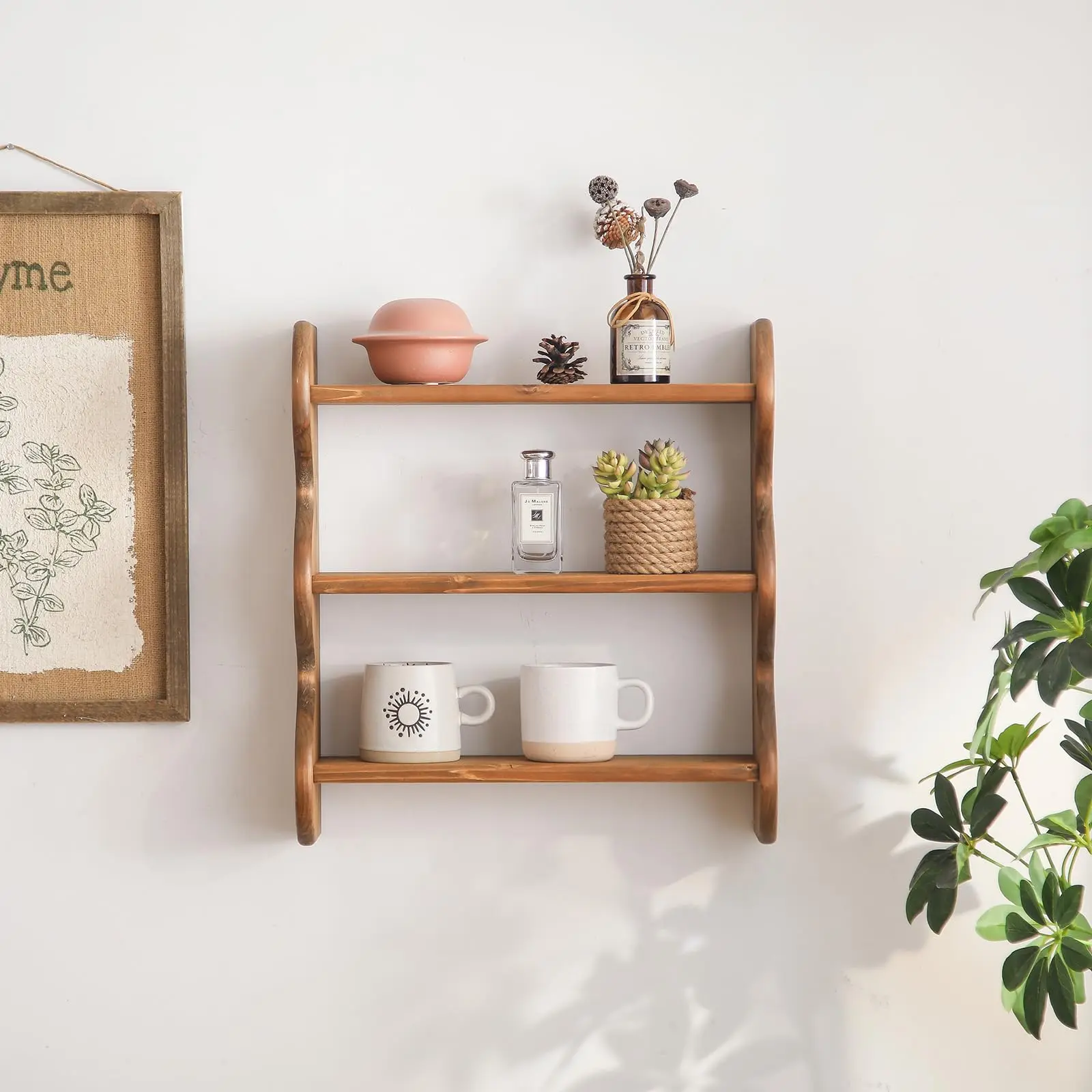 product wood floating wall shelf farmhouse wall mounted storage rack wavy edge display rack 3 tier rustic hanging storage shelf-5