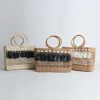 Bohemian Fashion Women Handmade Handbag Summer Beach Bag Wooden Handle Square Hollow Out Straw Bag Shell Tassels