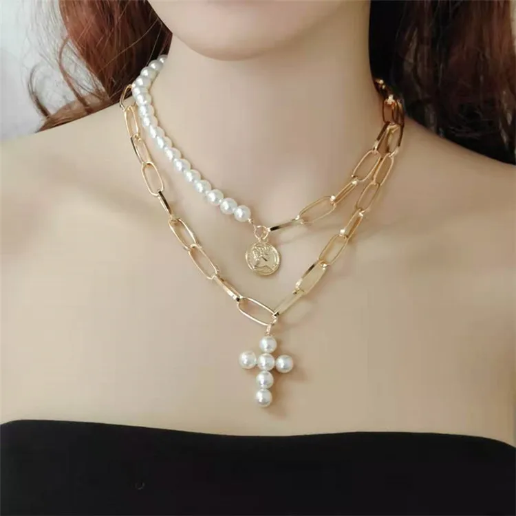Plated Chain Layered Choker Pearl Cross 