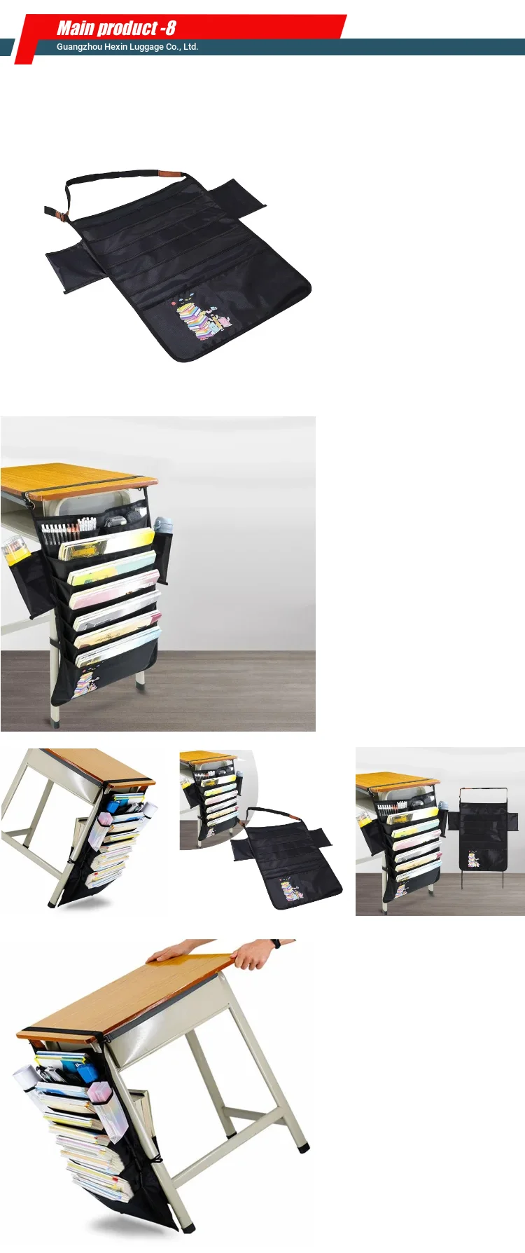 Oxford Desk Side Hanging Storage Bag With Water Bottle And Pen Holder