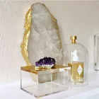 Natural Gemstone White Quartz Tray Clear Crystal Platter With Gold Rim
