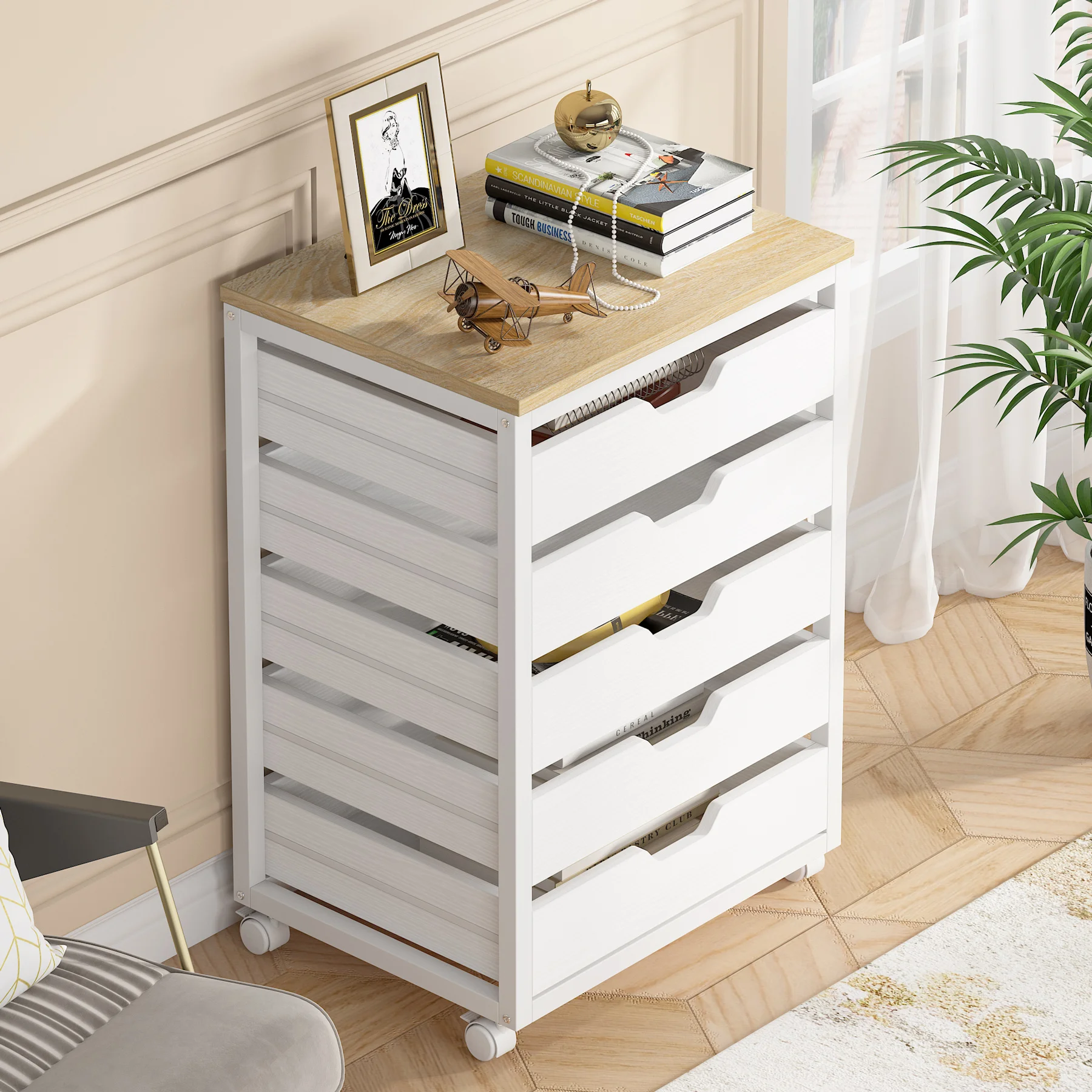 Tribesigns Modern Bedroom Furniture 5 Chest Wooden Drawer Cabinet with Wheels Cabinet Cart for Office