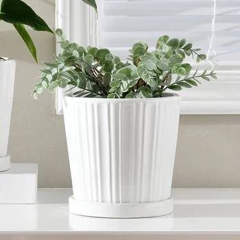 2023 European-Style White Stripe Ceramic Pots Smart Home Products Smart Garden Flower Vase Tray Factory Wholesale