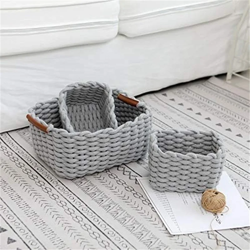 Handmade S/3 Modern Style Cotton Rope Blanket Decorative Woven Organization Storage Crochet Basket