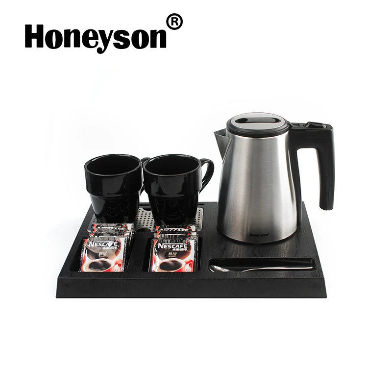 Honeyson Electric Kettle Tray Set Stainless Steel Hotel Kettle with Welcome Tray and Cups for Hotel Guestroom