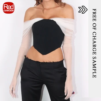 RedHK Custom High Quality New Arrives Black Pu With White Mesh Crop Blouse Women Tops And Blouses fishtail chiffon blouse