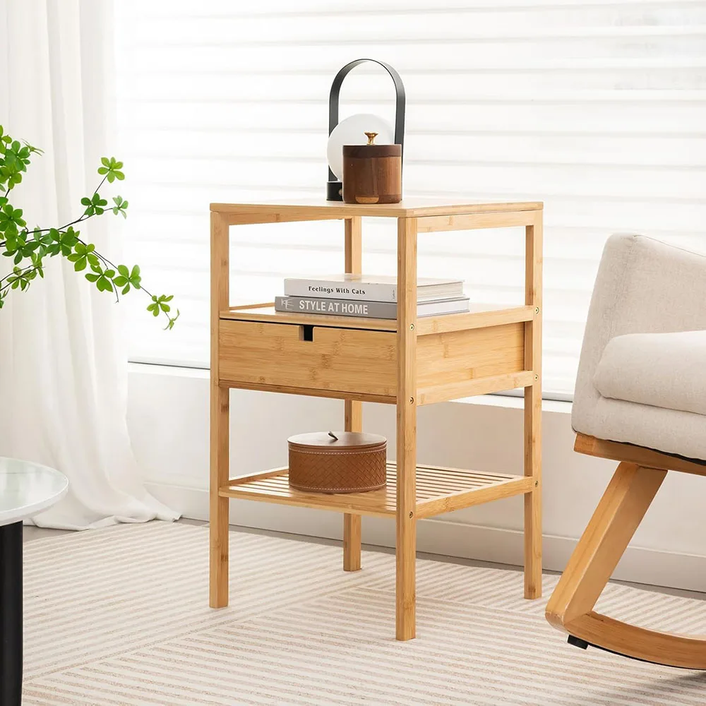 product bamboo nightstand with 2 storage shelves drawer multifunctional wood side table for small bedroom spaces accent design style-0