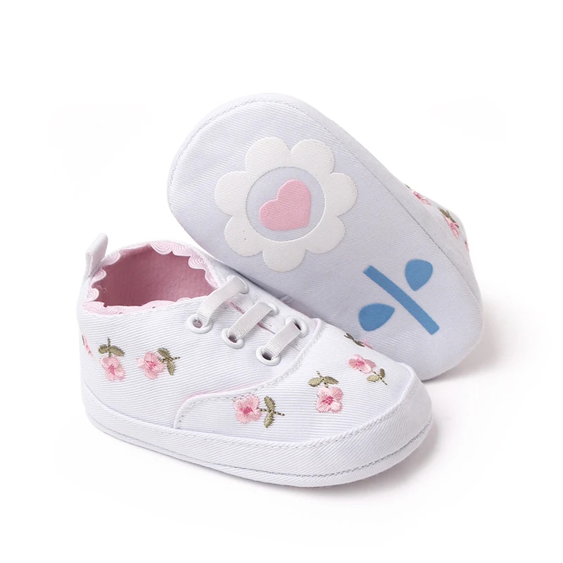 New Spring and Autumn Pure Color Denim Embroidered Flower Front Lace-up Cute Fashion Infant Princess Toddler Shoes for Baby Girl details