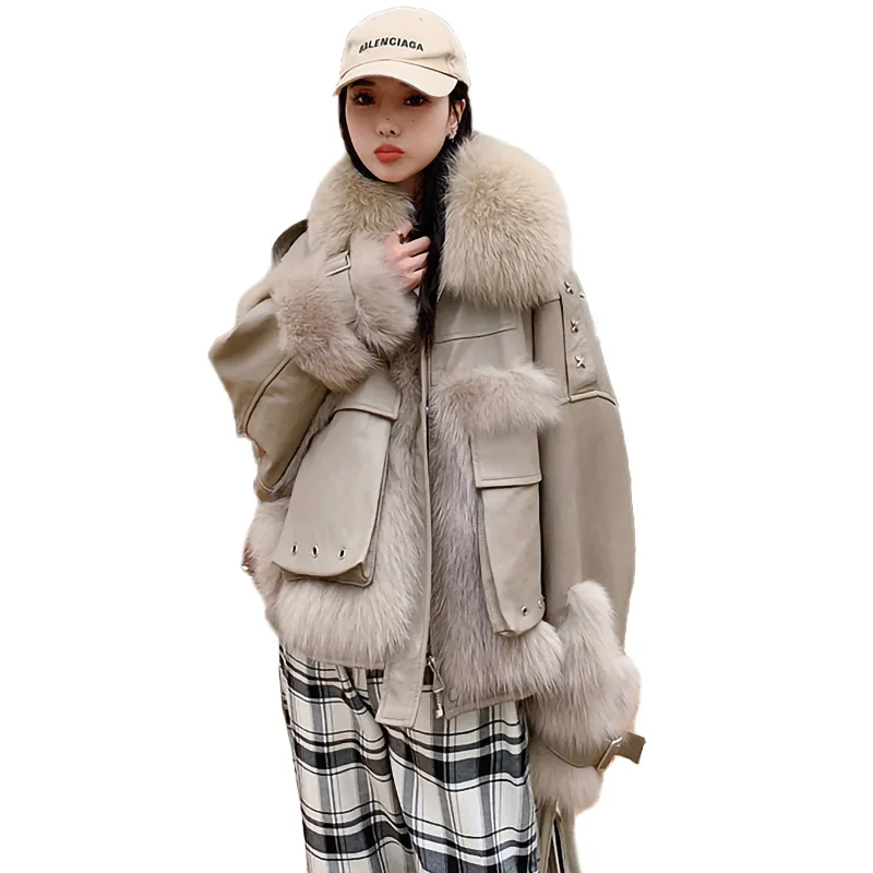 Winter 21 Contrast Color Windproof Rivet Pockets Sheep Skin Leather Fur  Jacket Real Fox Fur Coat Women - Buy Sheep Skin Leather Jacket,Real Fox Fur 