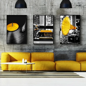 Vintage Black Yellow Music Record Wall Art Canvas Painting Nordic Posters and Prints Wall Pictures for Living Room Home Decor