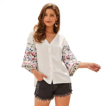 Fashion Nine Quarter Sleeve Elegance girls shirt with floral embroidery White Embroidered Casual Blouses Shirts for Ladies