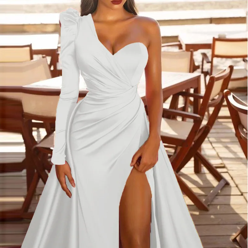 Vintage Elegant Women Wedding Dress One Shoulder Sleeveless Split Maxi Bridal Gowns Floor-Length Evening Dresses