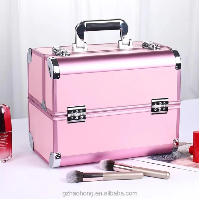 Pink Aluminum Suitcase Portable Cosmetic Case with Trays Big Storage Nail Polish Makeup Case Vanity Box Customize Manicure Case