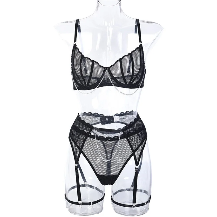 Black Lingerie With Chain Sexy Panty Bra Set Glitter Sensual Intimate