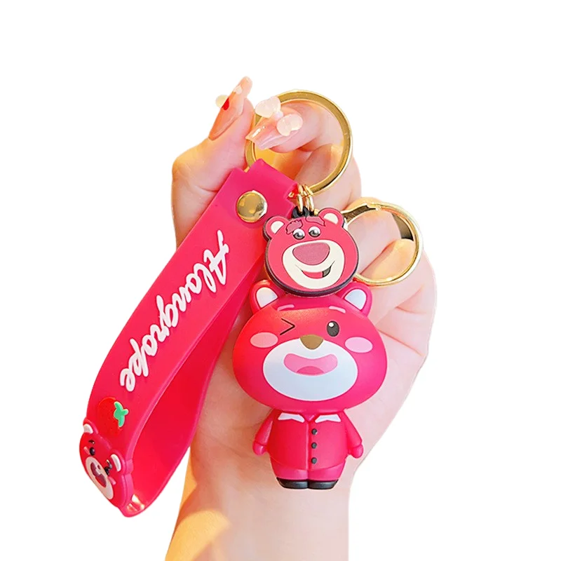 Manufacturer wholesale 3D PVC plastic kids cute cartoon designer car key chain ring toy kawaii strawberry bear key ring keychain