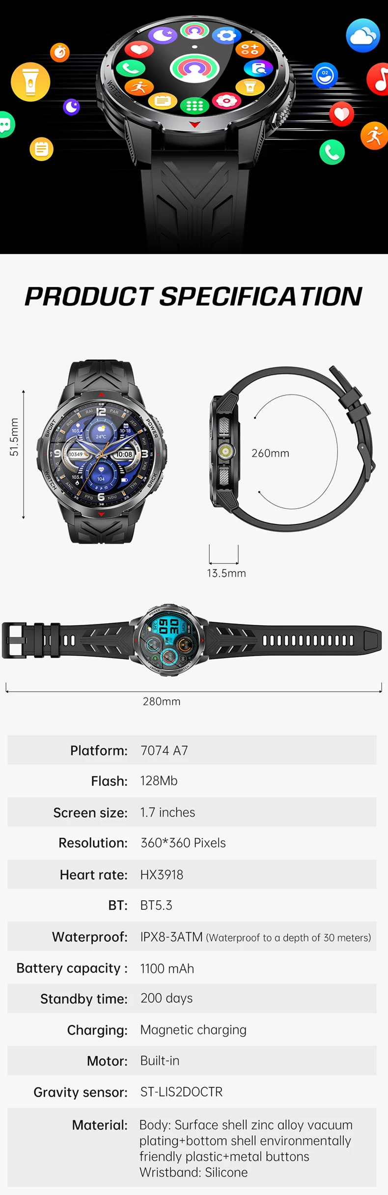 product cheap 3atm waterproof large screen smart watch kt88 with led flashlight 1100mah battery app dafit phone call custom watch faces-12