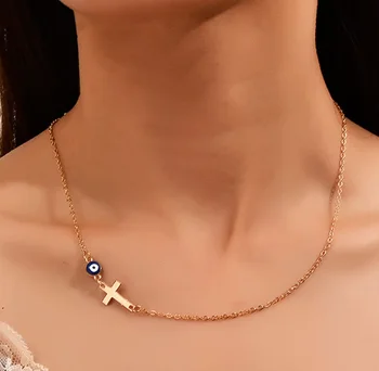 Newest Cheap Jewelry 18K Gold Plating Cross Necklaces Evil Eyes Choker Necklaces Turkish Blue Eye Necklaces