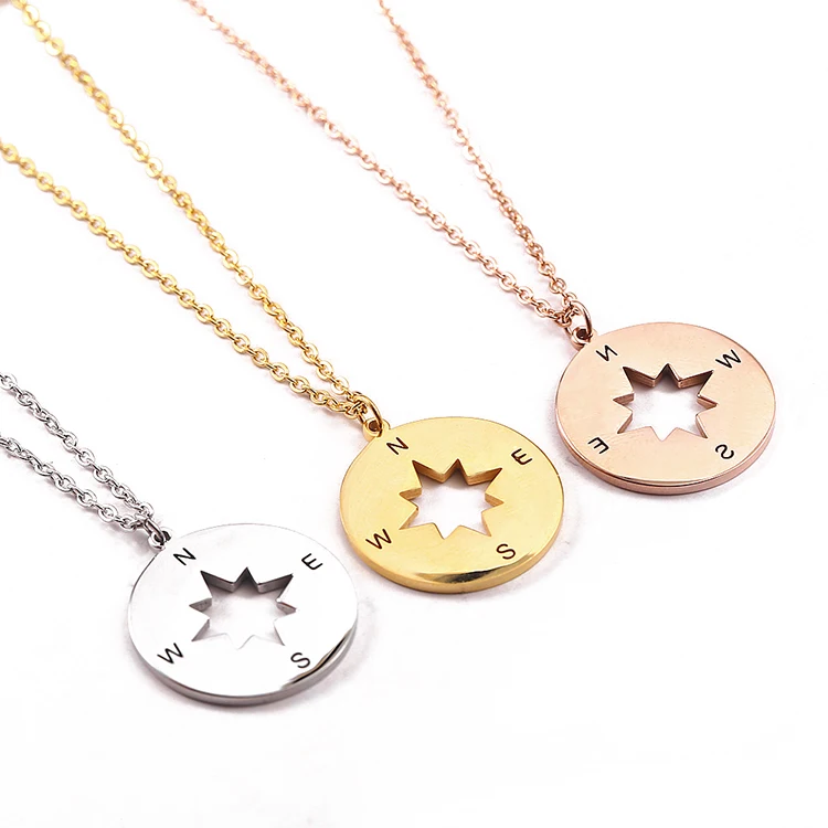 Stainless Steel Gold Compass Necklace 