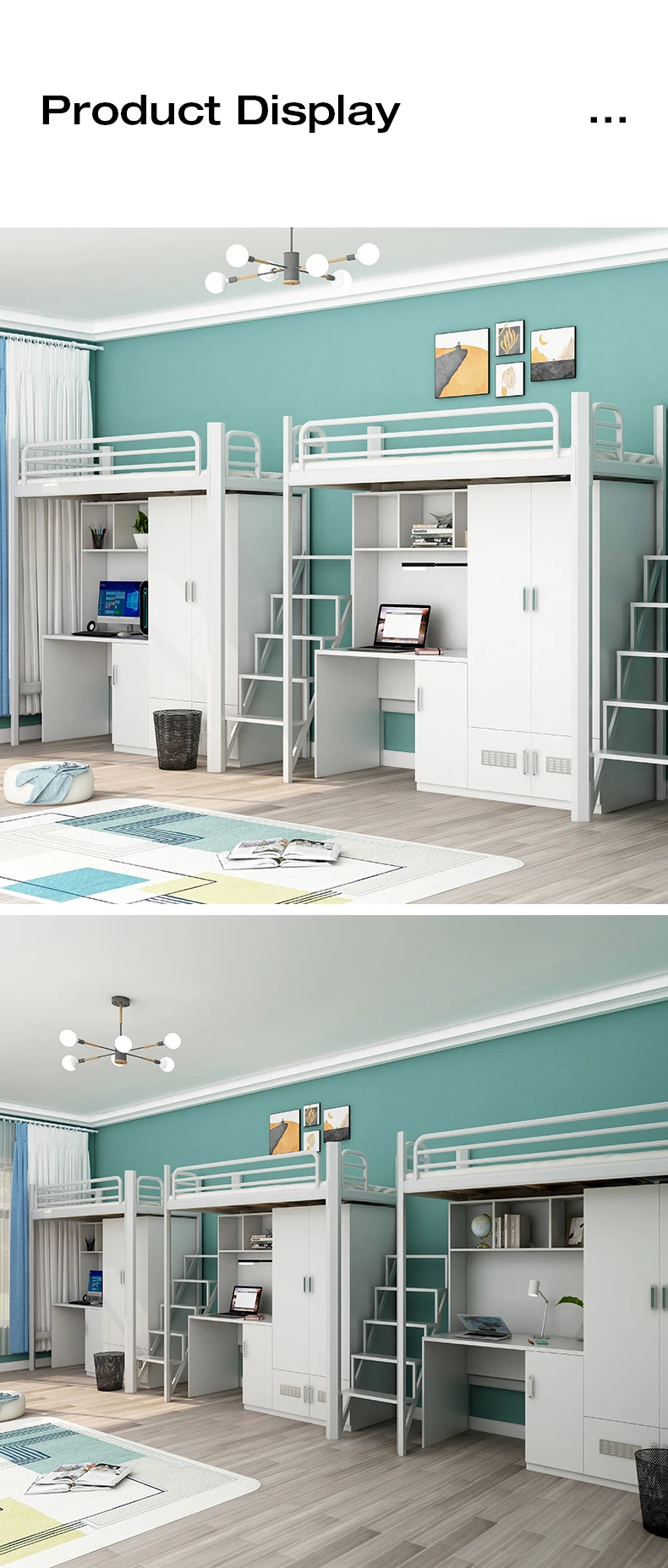 product modern single bed metal frame dormitory bunk bed with desk and wardrobe-8