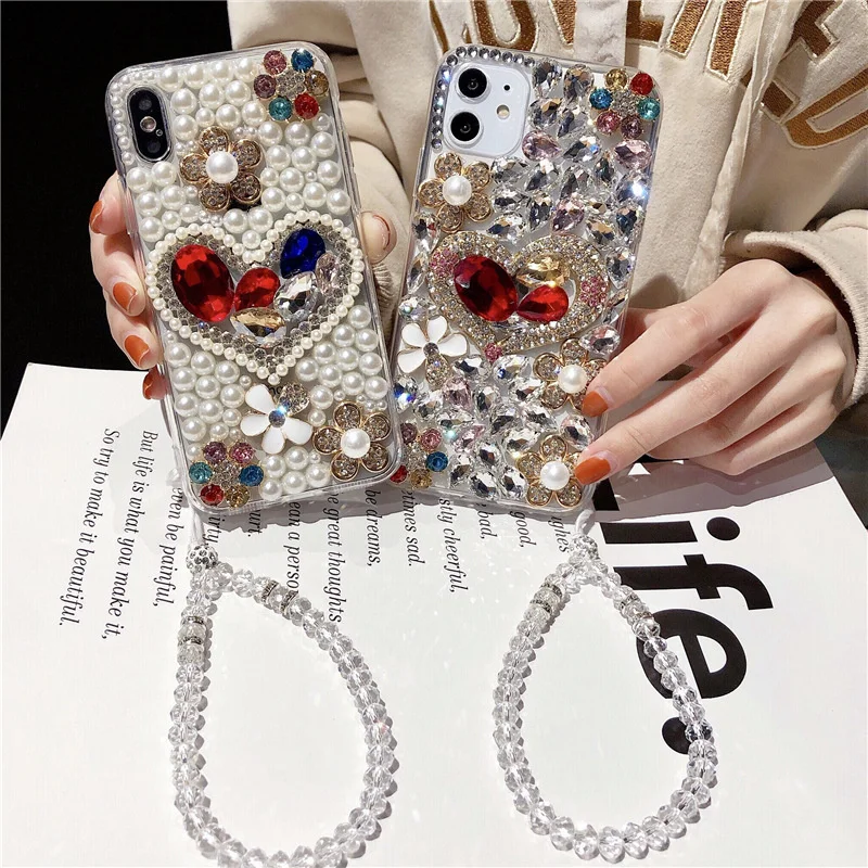 Luxury Love Heart Diamond Phone Shell For iPhone 15 Pro Max Rhinestone Glitter Bling Jewelry Back Cover For Samsung S24 A71 A31