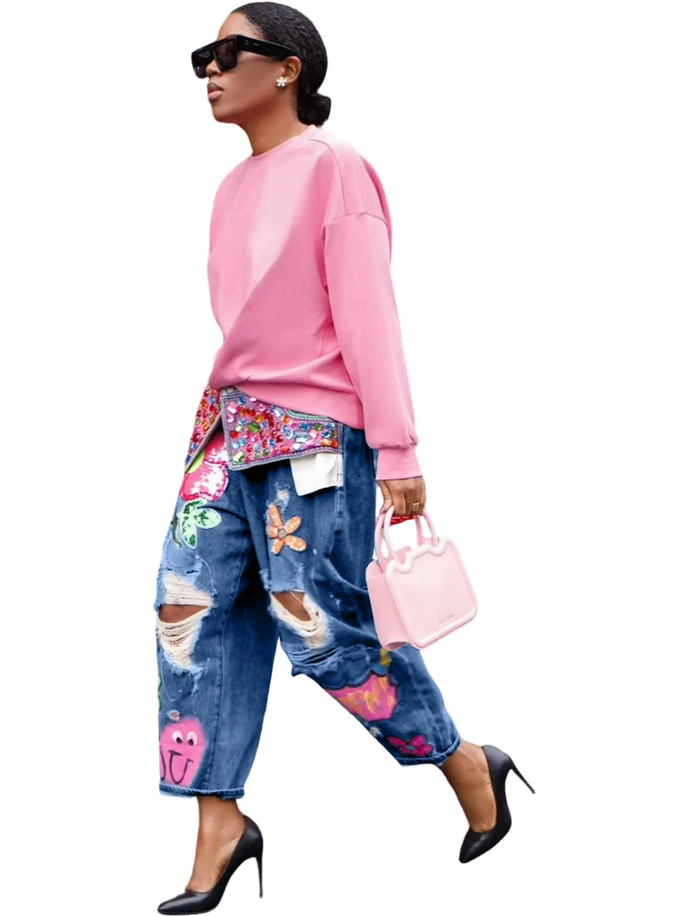 Women's Streetwear Spring Hotfix Rhinestone Embellished Printed Ripped Denim Jeans factory