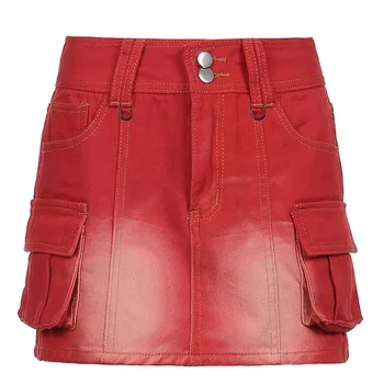 Ladies Hot Wrap Short Skirt Vintage Red Pockets Designs Pockets Denim Skirt Mini Skirts