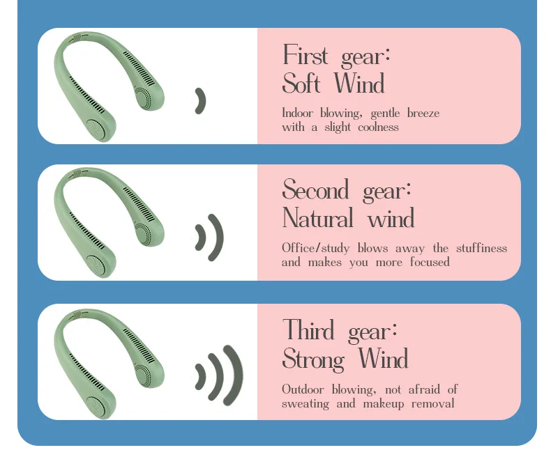 DD5616 Factory Direct Sale USB Charging Wearable Neck Fan 3 Speeds Rechargeable Mini Portable Neck Fan for Outdoor Sports