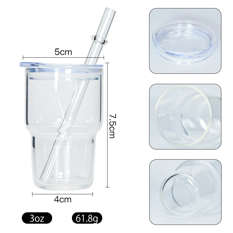 China Factory 3oz mini glasses wine cup Miniature 3oz Shot Tumbler Cups clear frosted Glass tumbler with straw and lid