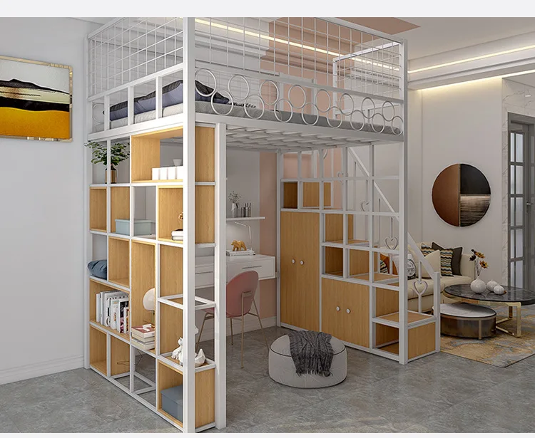 product nordic modern loft bed with desk simple metal duplex elevated loft bed iron art multifunctional space saving bed for living room-5