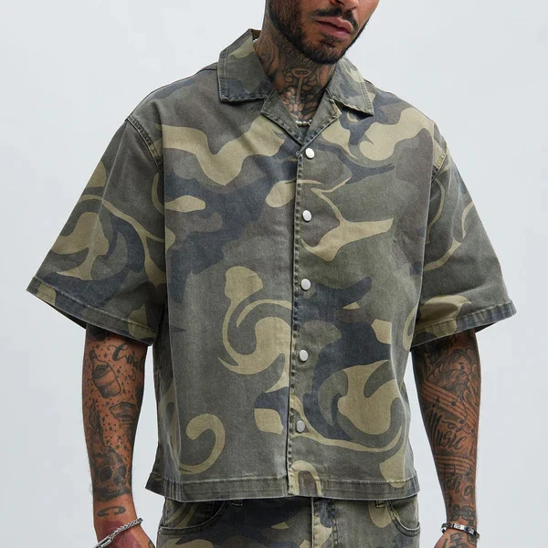 Manufacturer Custom Button up Canvas Twill Short Sleeve Camouflage Camo Boxy Shirts for Men supplier